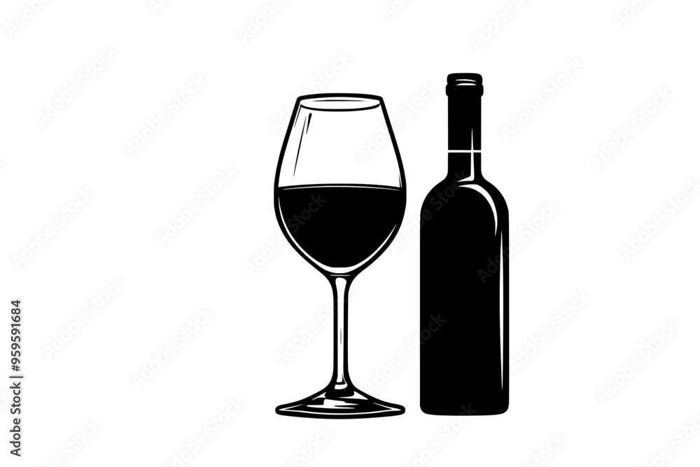 Glass of red wine, partially filled, sitting beside an opened bottle and cork, vector illustration art Glass of red wine, partially filled, sitting beside an opened bottle and cork, vector illustration art