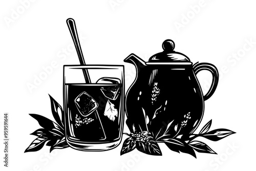 Glass of iced herbal tea with a teapot of brewed herbal tea, vector illustration art