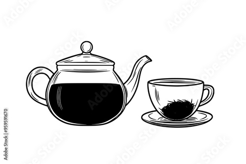 Glass teapot with brewed green tea beside a matching teacup, vector illustration art