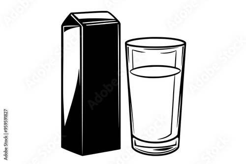 Lactose-free milk carton beside a filled drinking glass, vector illustration art