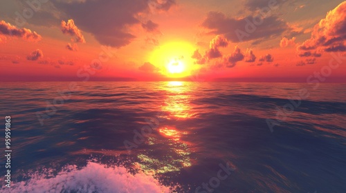 A fiery sunset over a calm ocean with clouds reflecting in the water.