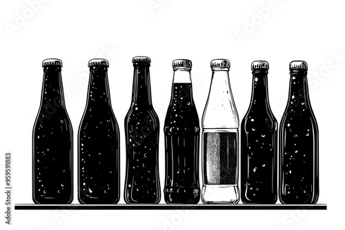 Lineup of gourmet soft drink bottles on a glass shelf, vector illustration art