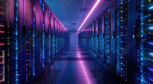 A virtual private server in a cloud provider data center  providing isolated resources  its status lights glowing softly in a controlled  cool environment. Generative AI.