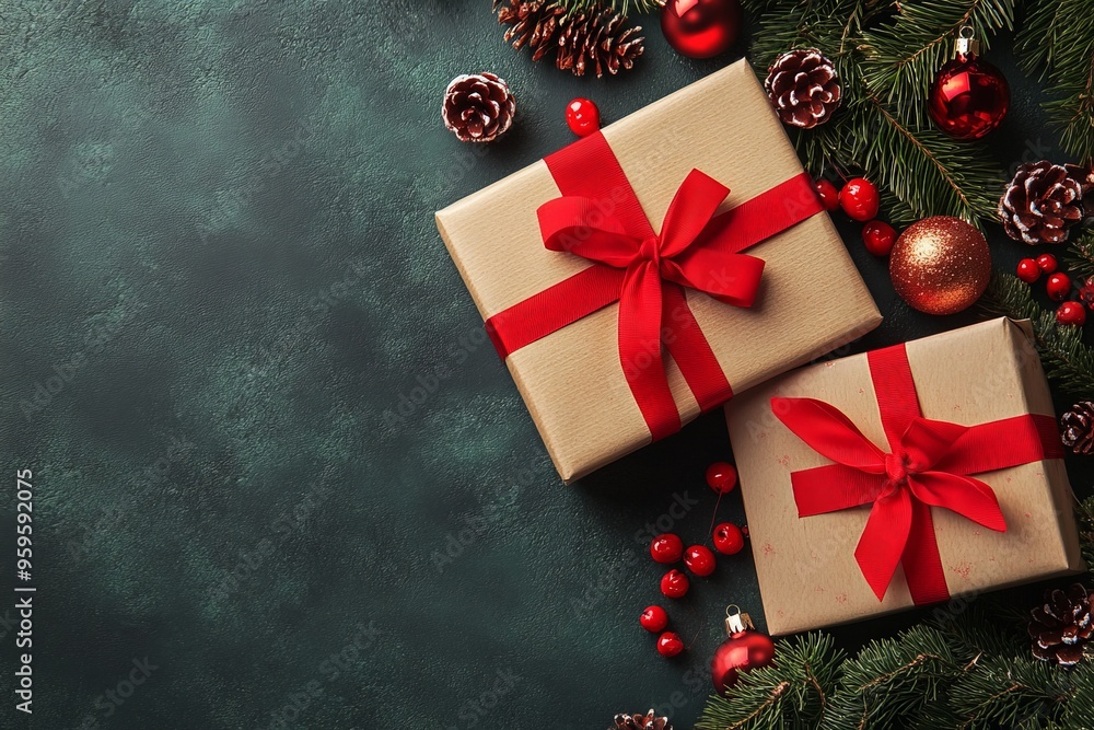 Christmas Gift Wrapping Ideas with Red Ribbon and Pine Branches Christmas Gift Wrapping Ideas with Red Ribbon and Pine Branches