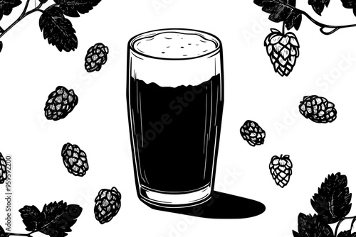 Single, poured glass of beer on a plain surface, surrounded by scattered hops, vector illustration art