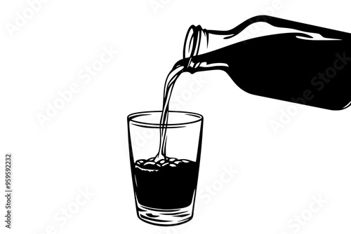 Soy milk jug pouring into a clear drinking glass, vector illustration art