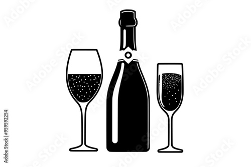 Sparkling wine bottle, partially uncorked, with filled flute glass, vector illustration art