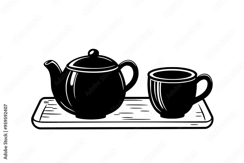 Teapot filled with chai next to a matching cup on a wooden tray, vector illustration art Teapot filled with chai next to a matching cup on a wooden tray, vector illustration art