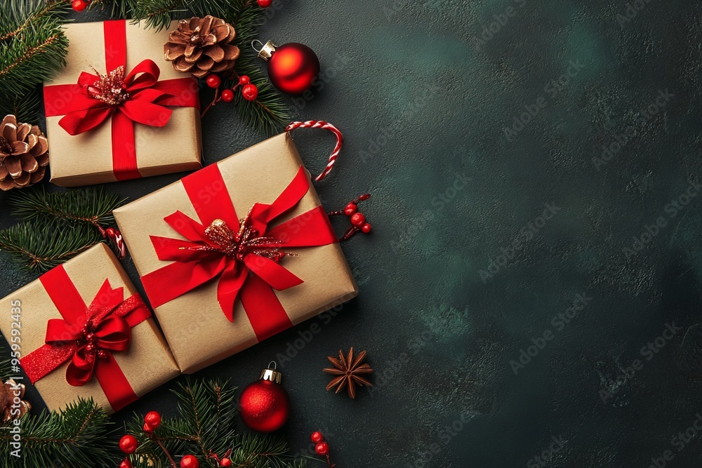 Christmas Gift Boxes with Red Ribbons and Decorations on Green Background Christmas Gift Boxes with Red Ribbons and Decorations on Green Background