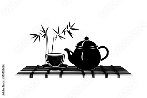 Teapot of chai with a filled teacup on a bamboo mat, vector illustration art