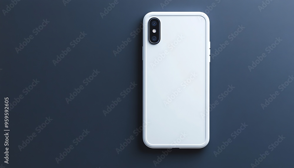 White Smartphone with Dual Camera on Dark Blue Background White Smartphone with Dual Camera on Dark Blue Background