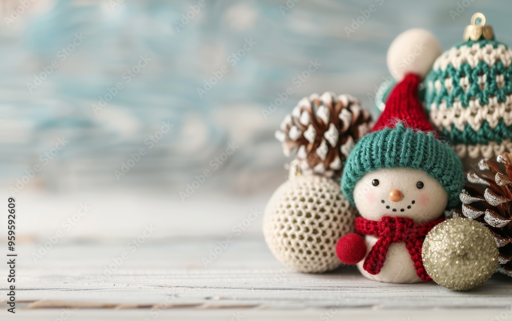 Obraz premium A charming snowman surrounded by holiday ornaments and pinecones, evoking a festive winter atmosphere.