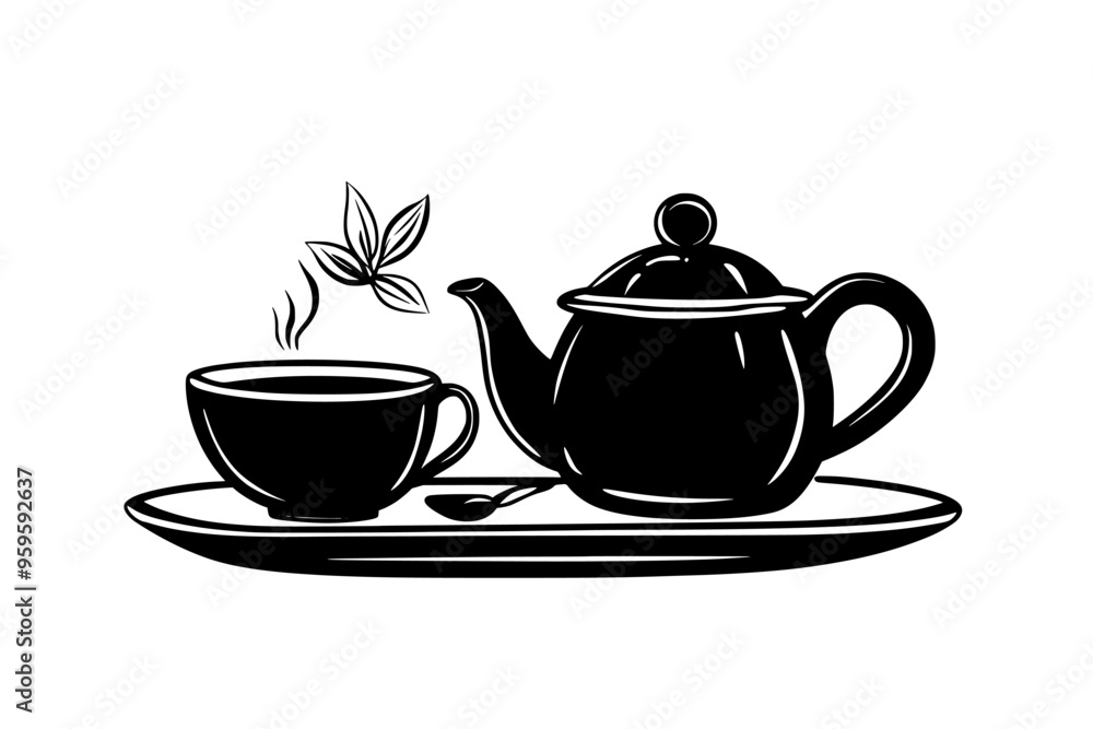 Herbal tea set with a teapot and cup on a flat surface, vector illustration art Herbal tea set with a teapot and cup on a flat surface, vector illustration art