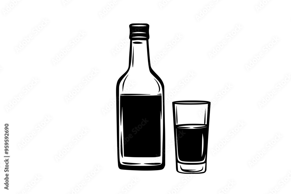 Uncorked vodka bottle and a filled shot glass, vector illustration art Uncorked vodka bottle and a filled shot glass, vector illustration art