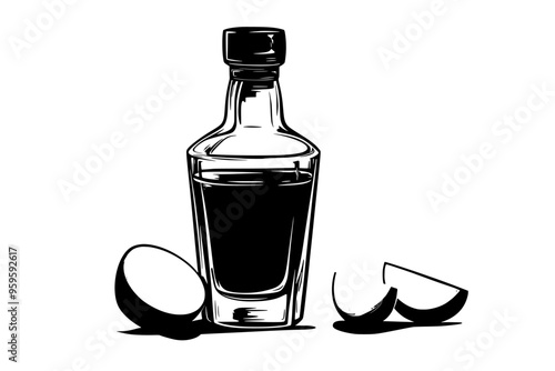 Open bottle of tequila with filled shot glass, lime wedges nearby, vector illustration art