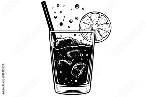 Lemon-lime drink being poured into a glass, with bubbles rising inside, vector illustration art