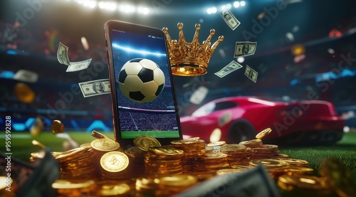 Mobile Sports Betting Concept with Soccer Ball  Crown  and Money in a Stadium Setting
