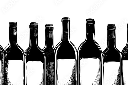 Close-up of vintage wine bottles with aged labels, arranged symmetrically, vector illustration art