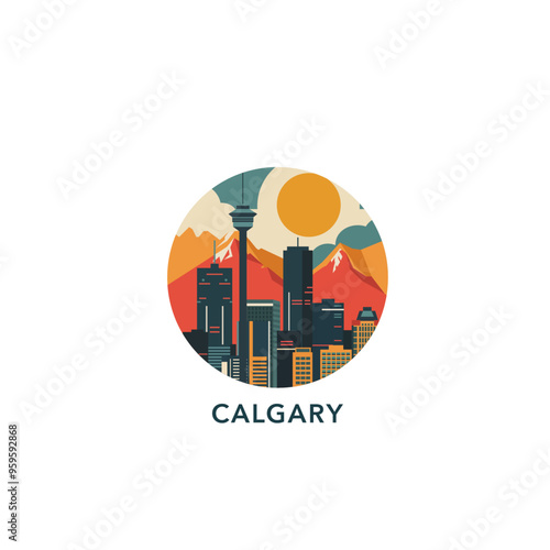 Calgary skyline vector badge, flat panorama logo, horizon icon. Canada, Alberta city round emblem idea with landmark silhouette. Isolated graphic