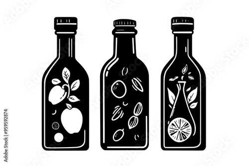 Four bottles in square arrangement, each featuring distinct beverage graphics and ingredient lists, vector illustration art