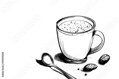 Glass mug holding eggnog beside a spoon and nutmeg pieces, vector illustration art