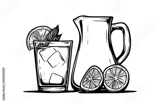Lemonade in tall glass with lemon wedge garnish beside a pitcher, vector illustration art