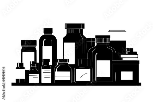Liquid-filled bottles and cartons positioned near nutritional supplement containers on a flat background, vector illustration art