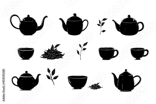 Multiple teapots and cups with liquid, accompanied by loose tea leaves on a clean background, vector illustration art
