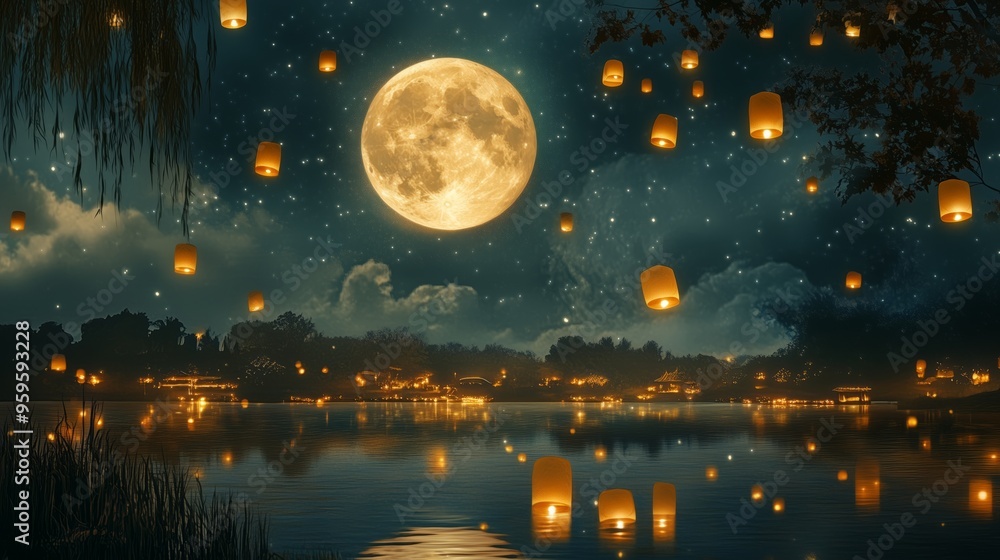 Mystical Full Moon Night with Floating Lanterns Over a Tranquil Lake Mystical Full Moon Night with Floating Lanterns Over a Tranquil Lake