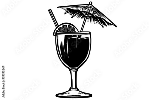Tropical cocktail in glass with umbrella and fruit garnish on the rim, vector illustration art