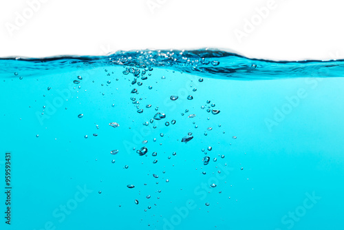 Air Bubbles Float Up Under Water. Blue Water Wave. Oxygen Relaxation. Pure Water on White Background.