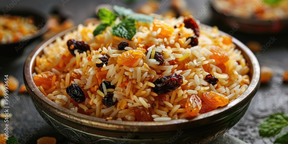 Tasty Rice Dish from the Middle East with Raisins, High in Carbohydrates and Energy-Enhancing Tasty Rice Dish from the Middle East with Raisins, High in Carbohydrates and Energy-Enhancing