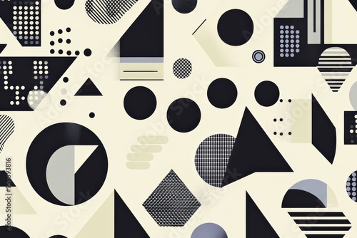 Wallpaper Mural Pattern of geometric shapes, including triangles, circles, and hexagons, in a modern, minimalistic style. Use a limited color palette of black, white, and shades of grey Torontodigital.ca