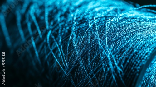 A detailed view of a spool of blue thread against a matte black surface, the thread unraveling and weaving across the surface, creating a web-like pattern that represents connection photo