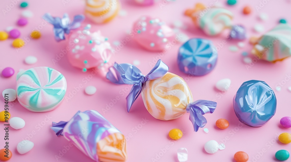 A vibrant arrangement of colorful candies on a pink background, perfect for sweet-themed designs and festive celebrations. A vibrant arrangement of colorful candies on a pink background, perfect for sweet-themed designs and festive celebrations.