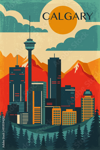Wallpaper Mural Calgary retro city poster with abstract shapes of skyline, buildings. Canada, Alberta province vintage travel vector illustration, cityscape with mountains Torontodigital.ca