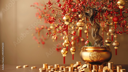 A golden money tree is hung with many gold coins and red chinoiserie decorations. On the front is an ancient bronze pot filled with a dozen large shiny yellow gold ingots. background is light brown. photo