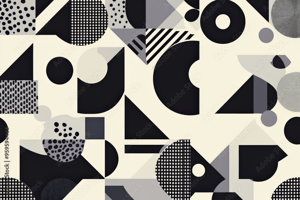 custom made wallpaper toronto digitalPattern of geometric shapes, including triangles, circles, and hexagons, in a modern, minimalistic style. Use a limited color palette of black, white, and shades of grey. 