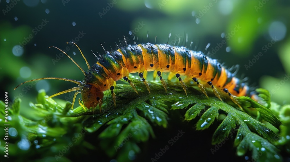 A vibrant caterpillar resting on a green leaf in a misty environment. A vibrant caterpillar resting on a green leaf in a misty environment.
