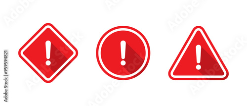 Red warning sign icon set with long shadow. Danger caution symbol