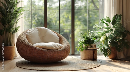 Bohemian living room with a rattan armchair and coffee table, complemented by earthy tones, woven decor, and lush indoor plants. The space is light and airy,