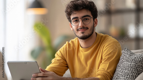 young indian man holding smartphone at home