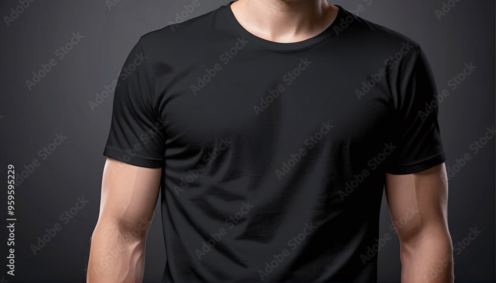 Close-up of a man wearing a plain black t-shirt. Close-up of a man wearing a plain black t-shirt.