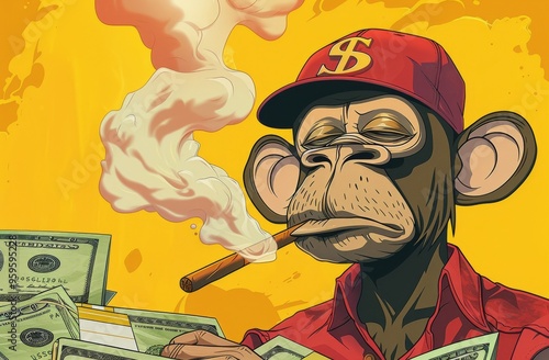 Mogoon art style cover of an open wallet with lots of dollar bills and cartoon character monkey wearing baseball cap smoking cigar, yellow background with a stack of U.S Style dollars in the foregroun photo