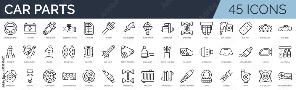 Fototapeta premium Set of 45 outline icons related to car parts. Linear icon collection. Editable stroke. Vector illustration