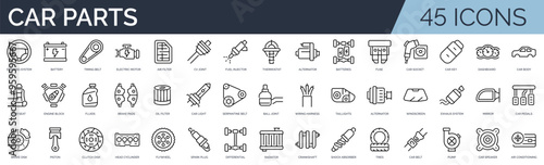 Set of 45 outline icons related to car parts. Linear icon collection. Editable stroke. Vector illustration