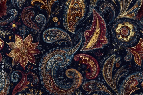 Wallpaper Mural pattern of intricate paisley designs, with detailed floral and ornamental motifs. Use a deep, rich color palette with shades of burgundy, navy, and gold, set against a dark background - Torontodigital.ca