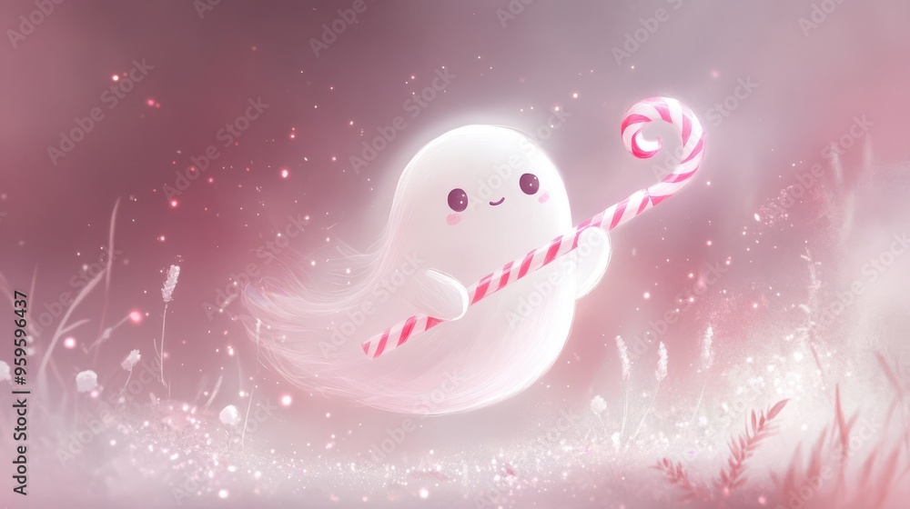 A whimsical ghost character joyfully holds a candy cane in a dreamy pink atmosphere, perfect for enchanting illustrations. A whimsical ghost character joyfully holds a candy cane in a dreamy pink atmosphere, perfect for enchanting illustrations.