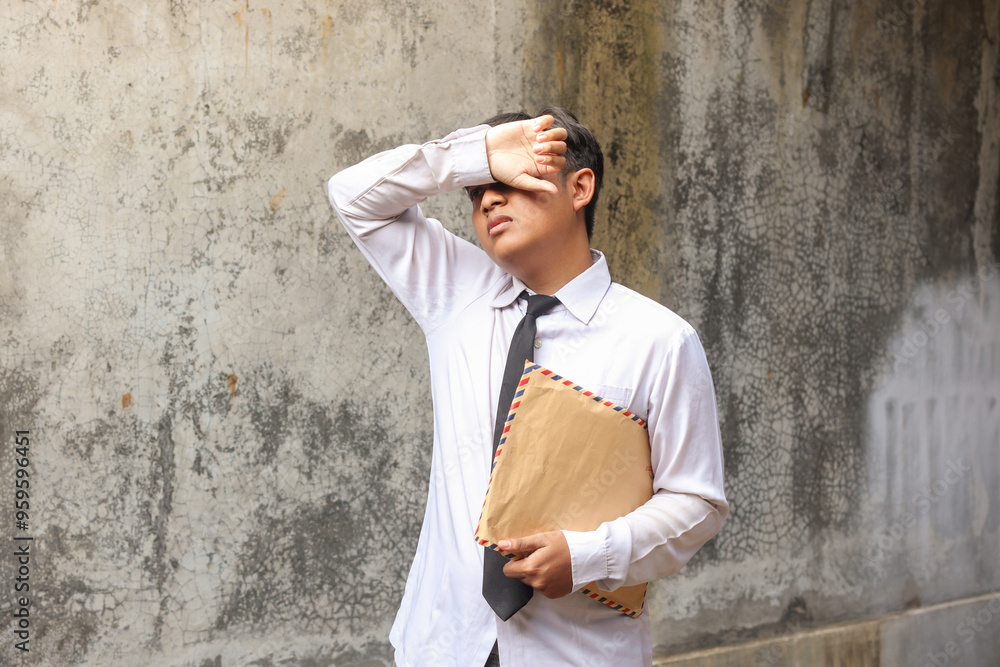 Portrait of jobless Asian man in white shirt looking for a job carrying a brown envelope containing his resume. Employee recruitment concept. Portrait of jobless Asian man in white shirt looking for a job carrying a brown envelope containing his resume. Employee recruitment concept.