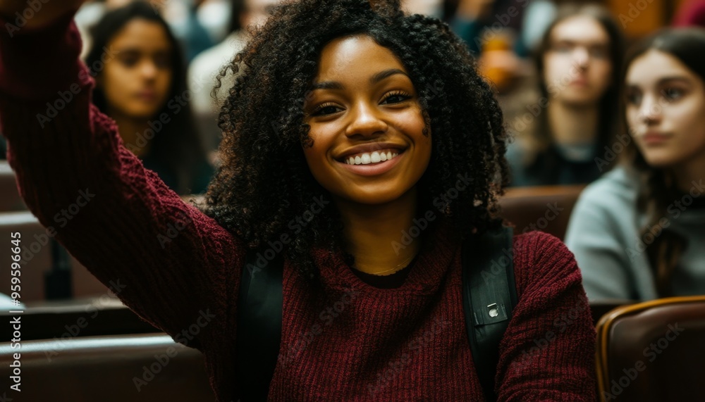 Happy black student raising arm to answer question while attending class with her university colleagues,Cultural Inclusivity and Academic Freedom. 4K Wallpaper for Back-to-School Marketing, Campus Lif Happy black student raising arm to answer question while attending class with her university colleagues,Cultural Inclusivity and Academic Freedom. 4K Wallpaper for Back-to-School Marketing, Campus Lif